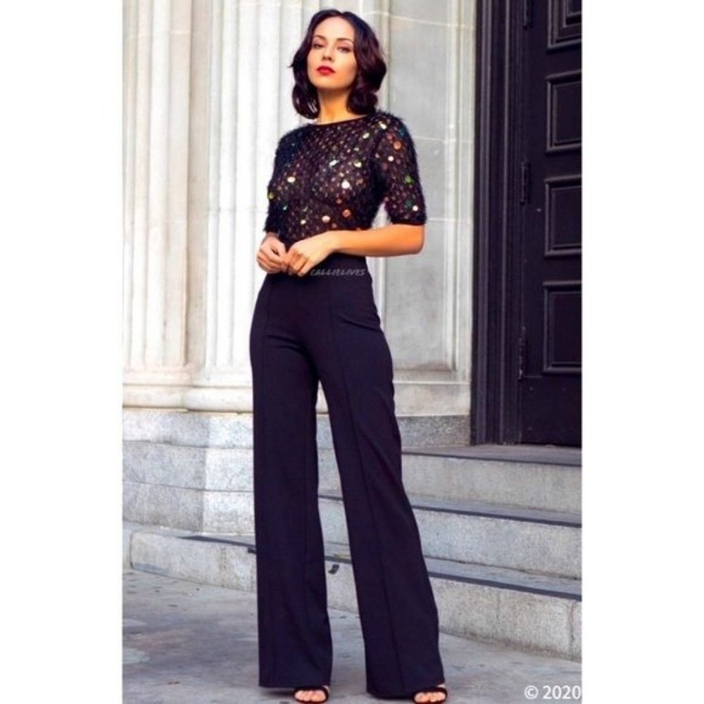 Callie Coin: Feathered Sequin Furry Knit Jumpsuit S M L - Picture 4 of 17